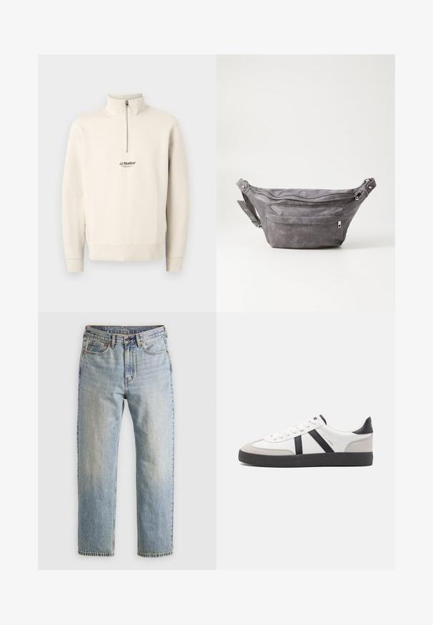Sudadera beige con cremallera de cuarto y mangas largas, con puños acanalados. Presenta un pequeño logo negro "JJ Studios" en el pecho. Hecha de material suave.; Jeans de mezclilla azul claro de cintura alta, con botón frontal, cremallera y diseño de cinco bolsillos, dispuestos sobre un fondo neutro.; Zapatilla blanca con acentos en negro y gris, que presenta una puntera texturizada en gris, suela de goma negra y cordones planos blancos. Diseño limpio, estilo minimalista.; Riñonera de ante gris con forma redondeada, dos compartimentos con cremallera y correa ajustable. Presenta acentos de metal.