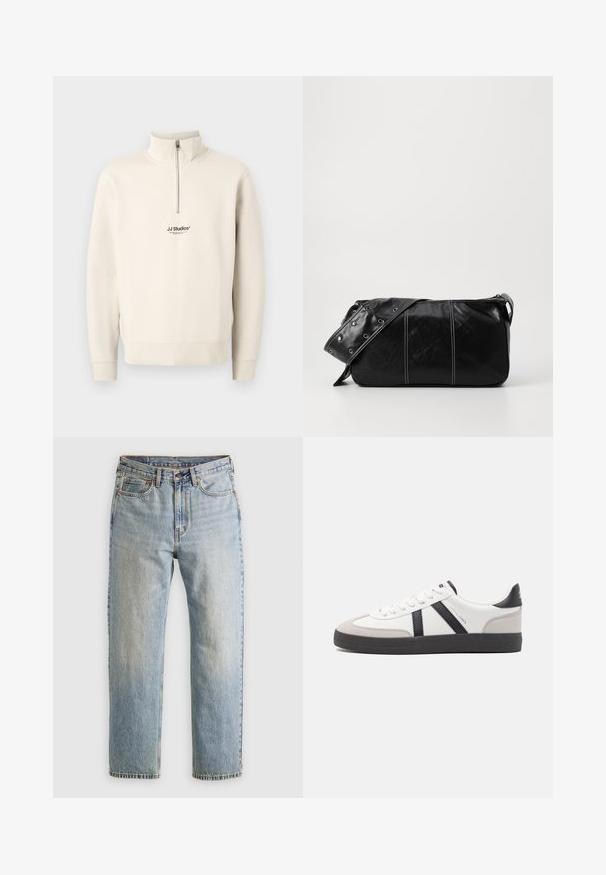 Bež majica s dugim rukavima i zipom do četvrtine, s rebrastim završecima. Ima mali crni logo "JJ Studios" na prsima. Izrađena je od mekog materijala.; Svijetloplave traperice visoki struk, prednji gumb, zatvarač i dizajn s pet džepova, položene ravno na neutralnoj pozadini.; Bijele tenisice s crnim i sivim detaljima, s teksturiranim sivim zaštitnikom prstiju, crnim gumene potplate i ravnim bijelim vezicama. Čist dizajn, minimalistički stil.; Crna kožna torba preko ramena s zatvaranjem na patentni zatvarač, s teksturiranim tijelom, bijelim šavovima i remenom sa srebrnim okovima.