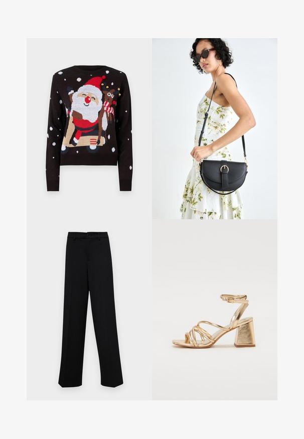 Vero Moda VMSANTASCOOTER O NECK X MAS - Vesta - black; Crne široke hlače od glatkog materijala, s klasičnim pojasom koji se zatvara dugmetom i prednjim naborima.; Zlatne metalik sandale s potpeticom koje imaju dizajn s trakama, kvadratnu blok potpeticu i podesivu naramenicu s kopčom. Glatka tekstura.; Crna kožna torba s lukovitim oblikom, odvojivim remenom i zlatnim detaljima. Torba ima preklop s kopčom.