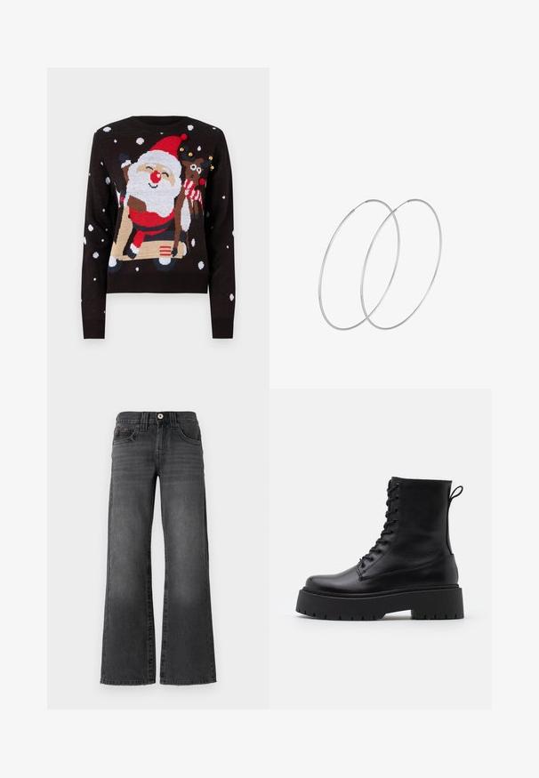 Vero Moda VMSANTASCOOTER O NECK X MAS - Svetrík - black; Džínsy s voľným strihom v tmavosivej džínovine. Obsahujú päť vreciek, gombíkový uzáver a jemné vyblednutie látky. Klasické prešitie ako akcent.; Čierne kožené členkové topánky s okrúhlou špičkou, šnurovaním vpredu a hrubou gumovou podrážkou s textúrovaným vzorom. Sťahovací pútko na zadnej strane.; Strieborné kruhové náušnice s minimalistickým dizajnom. Cirkulárny tvar, hladký povrch a tenký profil. Ľahké s lesklým povrchom.