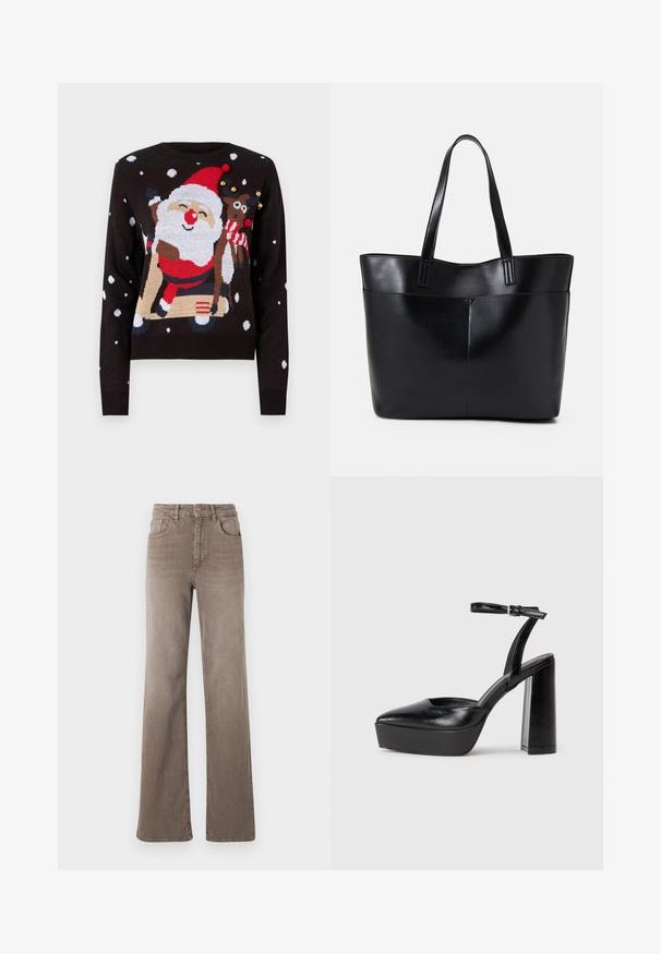 Vero Moda VMSANTASCOOTER O NECK X MAS - Camisola - black; Jeans castanhos de cintura alta, de perna reta, com botão frontal, passantes para cinto e design clássico de cinco bolsos em fundo branco.; Saltos altos pretos com bico fino e atilho ajustável no tornozelo. Confeccionados em couro suave, apresentam um salto bloco robusto.; Bolsa tote preta em couro com duas alças longas, textura suave e forma estruturada. Apresenta um bolso frontal para armazenamento adicional.