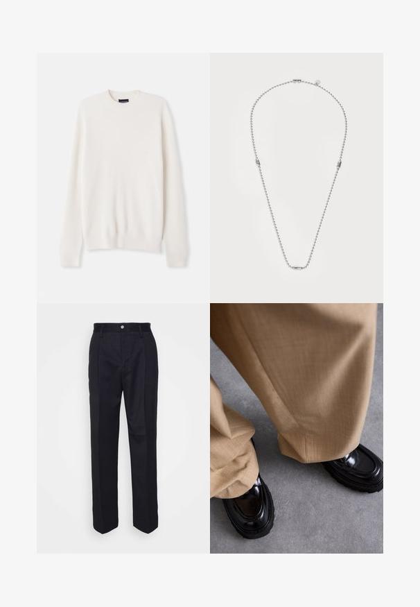 Valge ribakootud kootud kampsun ümarate kaelustega ja pikkade varrukatega. Esipanelil on väike logo tikand. Pehme tekstuur, istuv disain.; Mustad kohandatud püksid, sirge jala lõikega, valmistatud siledast kangast, esise nupuga kinnituse ja kahe külgtaskuga.; Beežid püksid tekstuurse viimistlusega, millele on sobitatud läikivad mustad loafers'id paksu tallaga ja kontrastse õmblusega.; Hõbedane helmedega kaelakee, millel on ümmargused metallielemendid ja piklik ovaalne lukustus. Sile tekstuur, pikkus ligikaudu 50 cm.