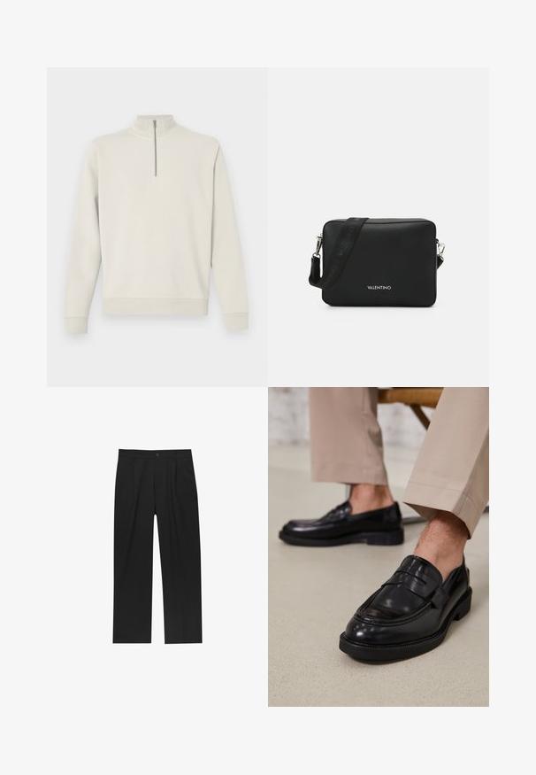 Langärmliger, off-white Pullover mit einem Viertelreißverschluss und hohem Kragen, gerippten Bündchen und Saum, auf einem schlichten Hintergrund präsentiert.; Schwarze Hose mit geradem Schnitt, aus einem glatten Stoff gefertigt. Verfügt über Vorderfalten und einen einzelnen Knopfverschluss an der Taille.; Schwarze Lederloafers mit glatter Oberfläche, ausgestattet mit einem dekorativen Riemen und Kontrastnähten, kombiniert mit beigen Hosen.; Schwarze rechteckige Umhängetasche aus strukturiertem Material, ausgestattet mit einem silbernen Hardware-Verschluss und einem verstellbaren Tragegurt mit Logo.