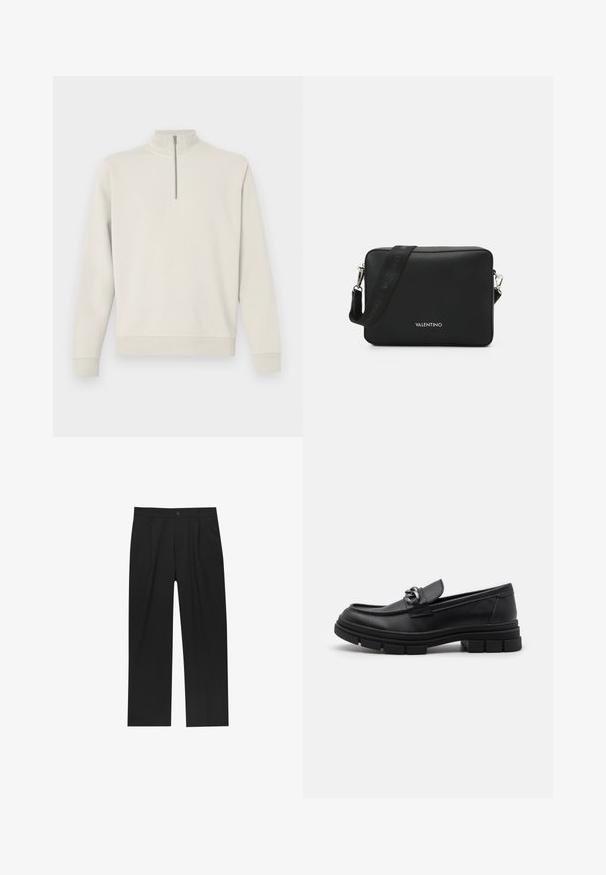 Długirek z długim rękawem w kolorze off-white z ćwiartkowym zamkiem i wysokim kołnierzem, z prążkowanymi mankietami i dołem, zaprezentowany na jednolitym tle.; Czarne spodnie o prostym kroju, wykonane z gładkiego materiału. Posiadają zakładki z przodu i pojedyncze zapięcie na guziki w pasie.; Czarne skórzane półbuty z okrągłym noskiem, dekoracyjnym paskiem i elementami metalowymi oraz grubą, fakturowaną podeszwą. Gładkie wykończenie z subtelnymi detalami.; Czarna prostokątna torebka na ramię wykonana z teksturowanego materiału, z metalowym zapięciem w srebrnym kolorze oraz regulowanym paskiem z logo.