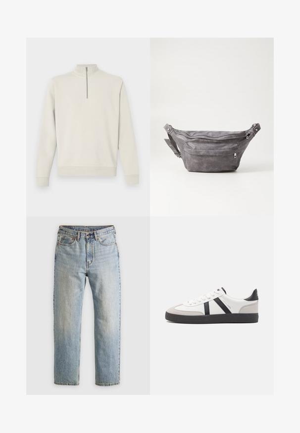 Garām piedurknēm off-white pullover ar ceturtdaļas rāvējslēdzēju un augstu apkakli, ribotām piedurknēm un apakšmalu, attēlots uz vienkārša fona.; Gai zila denima bikses ar augstu jostasvietu, priekšējo pogu, rāvējslēdzēju un piecu kabatu dizainu, izlīdzinātas uz neitrāla fona.; Baltas sneakeris ar melniem un pelēkiem akcentiem, kuram ir teksturēts pelēks purngals, melna gumijas zole un plakanas baltas šņores. Tīrs dizains, minimālisma stils.; Pelēks zamšādas jostas somiņa ar noapaļotu formu, divām kabatām ar rāvējslēdzējiem un regulējamu siksnu. Iekļauj metāla aksesuārus.