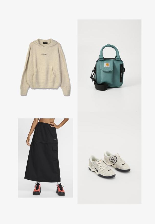 Φσυτε ρόμπα μπεζ με μπροστινή τσέπη, ριμπ μανίκια και κουκούλα με κορδόνι. Περιέχει το λογότυπο "Pegador" σε μαύρο χρώμα στο στήθος.; Μαύρη αθλητική μακριά φούστα με ελαστική μέση, διαθέτοντας μπροστινή τσέπη και λογότυπο Nike. Συνδυάζεται με πολύχρωπα αθλητικά παπούτσια.; Nike αθλητικά παπούτσια με μπεζ και γκρί υφή, μαύρες λεπτομέρειες, μεγάλο λογότυπο "90" και λευκό κορδόνι. Μαύρη σόλα.; Τσάντα ταχυδρομείου από ύφασμα σε απόχρωση τιρκουάζ με κοντές λαβές, φερμουάρ, μπροστινή τσέπη με καπάκι, ρυθμιζόμενο λουρί και λογότυπο Carhartt στο μπροστινό μέρος.