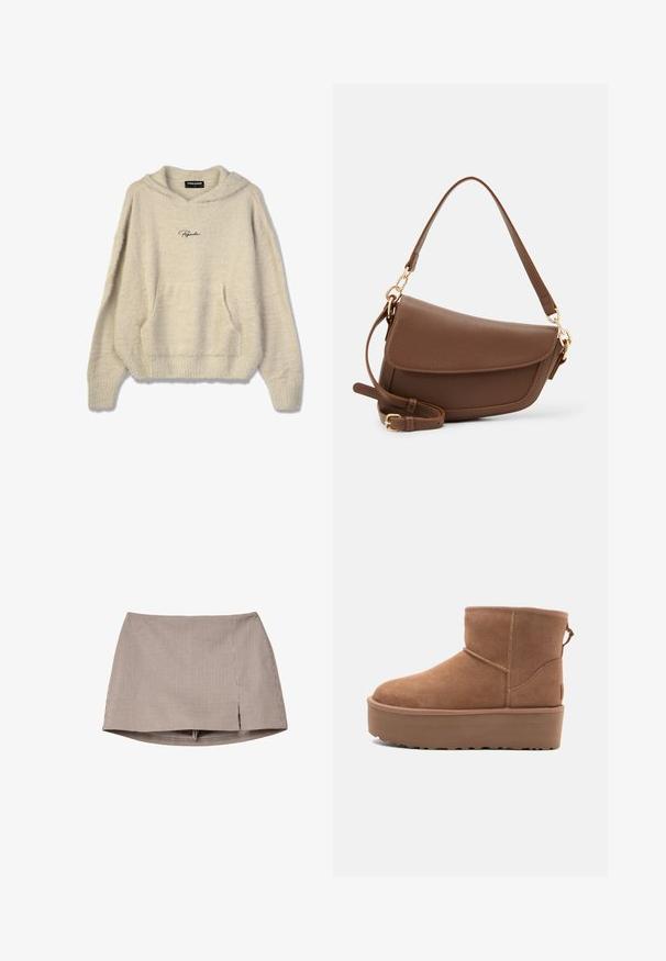 Futrzany beżowy kaptur z przednią kieszenią, ściągaczami przy rękawach i kapturem na sznurki. Zawiera czarne logo "Pegador" na piersi.; Brąspawny i biały, mały, kratkowany mini spódniczek z rozcięciem z przodu, wyłożony na białym tle.; Beżowe zamszowe botki za kostkę z platformą, zaokrąglonym noskiem i akcentami w postaci przeszyć; posiadają pętelkę z tyłu dla ułatwienia zakładania.; Brązowa skórzana torba na ramię o teksturowanym wykończeniu, zaokrąglonym kształcie, złotych akcentach, regulowanym pasku i zapięciu na klapę.