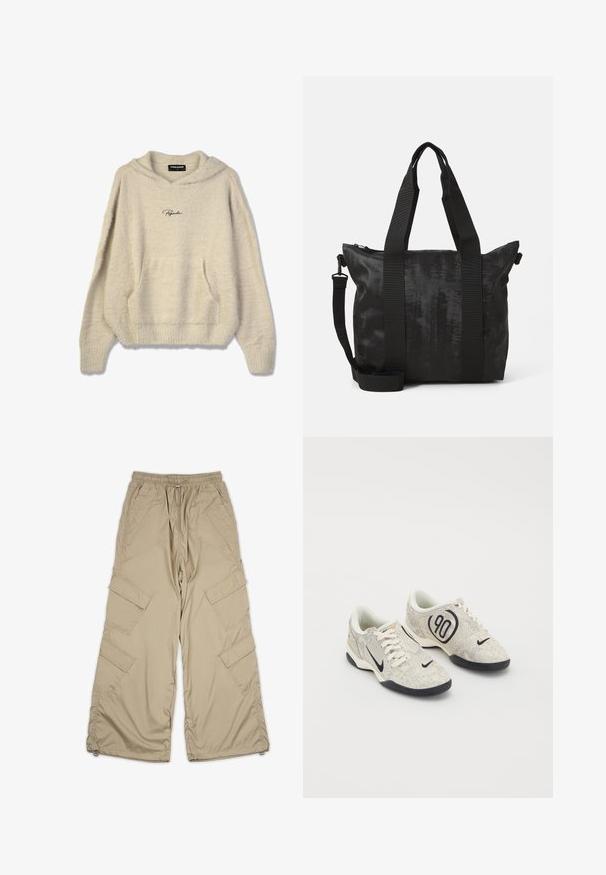 Sudadera beige suave con un bolsillo frontal, puños acanalados y capucha con cordón. Presenta el logo "Pegador" en negro en el pecho.; Pantalones cargo beige con cintura ajustable, múltiples bolsillos laterales y un corte relajado. Hechos de una tela ligera y suave con detalles de costura.; Zapatillas Nike con un upper texturizado en beige y gris, acentos negros, un gran logo de "90" y un cierre de cordones blancos. Suela negra.; Bolsa tote negra con tejido texturizado, asas superiores dobles y una correa de hombro desmontable. Cuenta con un cierre con cremallera para un almacenamiento seguro.