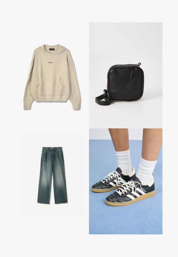 Chlupatá béžová mikina s kapucí, přední kapsou, žebrovanými manžetami a stahovací šňůrkou. Na hrudi je černé logo "Pegador".; Džíny s širokými nohavicemi v bledě modré barvě, s pěti kapsami, zapínáním na knoflík a jemným efektem odření na přední straně.; Černé kožené tenisky s bílými pruhy, kulatou špičkou, bílými tkaničkami a gumovou podrážkou. Zvýrazněno polstrovaným límcem a detaily s logem.; Černá crossbody taška vyrobená z texturovaného syntetického materiálu. Obsahuje embosované logo a nastavitelné popruhy. Zapínání na zip.