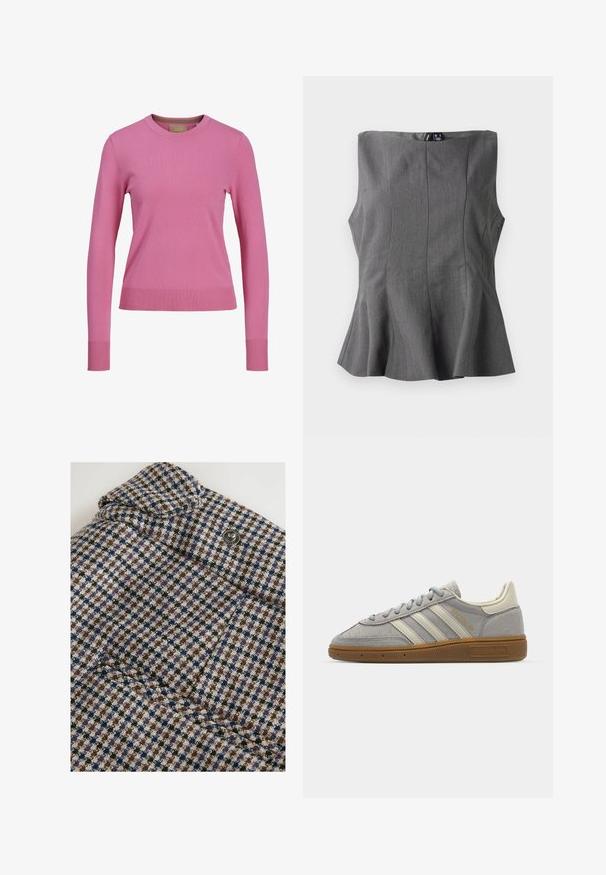 Långärmad rosa tröja med rund halsringning och ribbade ärmslut och kant, uppställd mot en vit bakgrund.; Grå peplumtop med en strukturerad, ärmlös design. Tillverkad av slätt tyg, med vertikala sömmar och en rak halsringning.; Next REGULAR FIT - CHECK BARREL TAILORED - Tygbyxor - brown; Grå mockasneakers med ljusgrå läderlinjer och en gummigummi-sula. Funktioner inkluderar snörning och diskret logotyp på tungan.