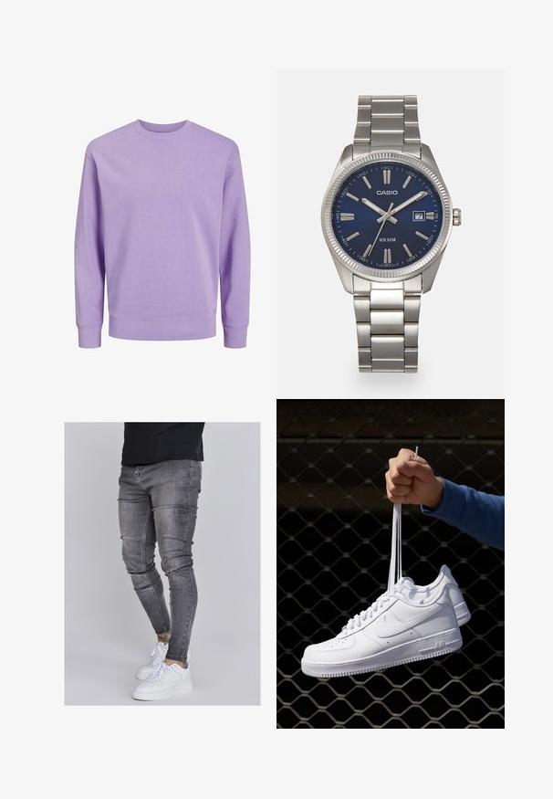 Jack & Jones JJESTAR BASIC CREW NECK - Športni pulover - purple/rose; Oprijete jeans hlače iz izbledele sive denima, z obrabljenimi detajli na kolenih, v kombinaciji z belimi športnimi copati. Gladka tekstura, oblikovan slim fit dizajn.; Bela usnjena športna obutev s perforacijami, okroglo konico, ravnim podplatom in debelimi vezalkami, z vidnim logotipom smoosh in napisom "AIR" na peti.; Srebrna nerjaveča jeklena ura z modrim številčnico, kovinskimi kazalci ter oknom za datum na 3. uri. Vodoodporna do 50 metrov.