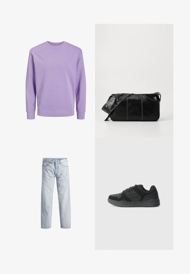 Jack & Jones JJESTAR CREW NECK - Sweater - purple/rose; Lichtblauwe denim jeans met een rechtstaand ontwerp, knopenfly, vijf zakken en een subtiele vervaagde textuur. Voorzien van metalen hardware accenten.; Zwarte sportieve schoen met een gestructureerde bovenkant van suede en mesh, een gevoerde kraag en een rubberen zool met een profielpatroon.; Zwarte leren schoudertas met een ritsluiting, voorzien van een gestructureerd lichaam, witte stiksels en een band met zilveren oogjes.