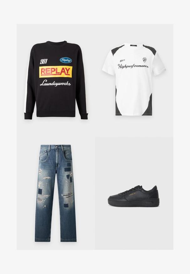 Hanorac negru cu guler rotund, cu dungi albe pe mâneci, având logo-uri multicolore "Replay" și "Laundryworks" pe față.; Tricou alb cu mânecă scurtă și accente negre. Prezintă logo-ul "REPLAY FC" și textul "Highpeformance" într-un font sportiv. Fabricat dintr-un material neted.; Jeans din denim cu petice distruse și nuanțe variate de albastru, având o croială dreaptă și un design tradițional cu cinci buzunare.; Replay EPIC HIGH - Sneakers low - black