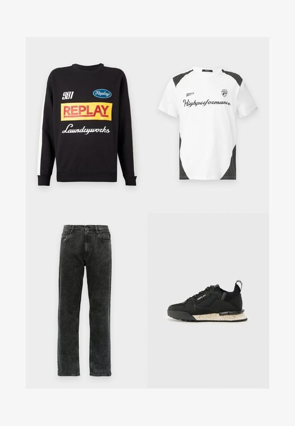 Felpa nera con colletto a girocollo e strisce bianche sulle maniche, con i loghi testuali "Replay" e "Laundryworks" multicolore sul davanti.; T-shirt bianca a maniche corte con dettagli neri. Presenta il logo "REPLAY FC" e il testo "Highperformance" in un font sportivo. Realizzata in un materiale liscio.; Jeans in denim nero con un taglio dritto, dotati di cinque tasche, chiusura a bottone e leggere sfumature lungo il tessuto.; Replay FIELD MELT 25 - Sneakers basse - black