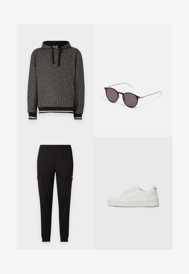 Felpa con cappuccio scuro caratterizzata da un motivo geometrico ripetuto, realizzata in un tessuto testurizzato. Cappuccio con lacci neri e polsini a righe alla base.; Pantaloni della tuta neri realizzati in un tessuto morbido, con un design a gamba affusolata e due tasche cargo laterali, con un logo discreto su una tasca.; Sneaker in pelle bianca con una finitura liscia, punta rotonda, lacci piatti e suola testurizzata. Presenta un logo discreto sul tallone.; Occhiali da sole neri rotondi con lenti scure e sottili bracci in metallo. Include punte trasparenti e accenti argentati alla cerniera. Design minimalista.