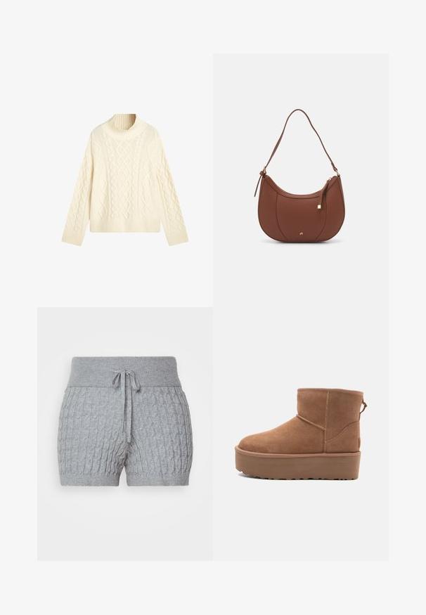 GANT CABLE - Strickpullover - cream; Graue Strickshorts mit strukturiertem Design, ausgestattet mit einem gerippten Bund und verstellbarem Kordelzug. Kurze Länge, weicher Stoff.; Beige Wildleder-Ankle-Boot mit Plateausohle, abgerundetem Zehenbereich und abgesteppten Akzenten; verfügt über eine Zuglasche hinten für einfaches An- und Ausziehen.; Braune Kunstleder-Schultertasche mit geschwungener Form, minimaler Naht und goldfarbener Hardware-Akzent. Verfügt über einen oberen Reißverschluss und einen verstellbaren Trageriemen.