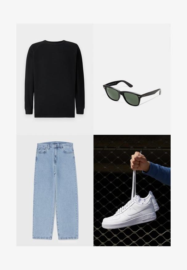 Maglietta nera a maniche lunghe con un design in maglia a nido d'ape testurizzato. Presenta un collo rotondo e polsini a coste. Senza loghi o motivi visibili.; Jeans in denim azzurro chiaro con design a gamba dritta, caratterizzati da una vita media, cinque tasche e chiusura con bottone e zip.; Sneakers in pelle bianca con perforazioni, punta rotonda, suola piatta e lacci spessi, con logo swoosh visibile e "AIR" sul tallone.; Occhiali da sole in plastica nera con lenti verdi, montatura quadrata, dettaglio argento sulla parte superiore e steli con texture. Marchio indicato sulla parte interna dello stelo.