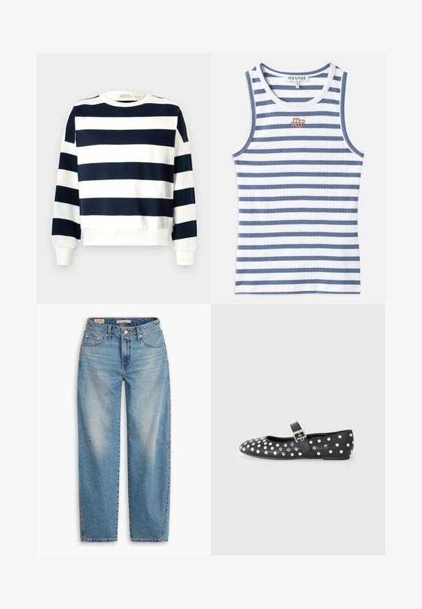 Tengerészes és fehér csíkos pulóver kerek nyakkal, hosszú ujjaival és bordás mandzsettákkal. Puha anyag, laza fazonú dizájn.; Csíkos ujjatlan felső, váltakozó kék és fehér bordázott anyagból. A tervezéshez egy kis barna logo tartozik a mellen és kék díszítés a nyakkivágásnál.; Világoskék farmernadrág, laza szabással, egyenes szárú kialakítással, gombos záródással és öt zsebes stílussal, finom fakulással és varrási részletekkel.; Fekete bőr lapos cipő, lekerekített orral, ezüst szegecsekkel pöttyös mintában, és csattal átkötve a lábfejnél.
