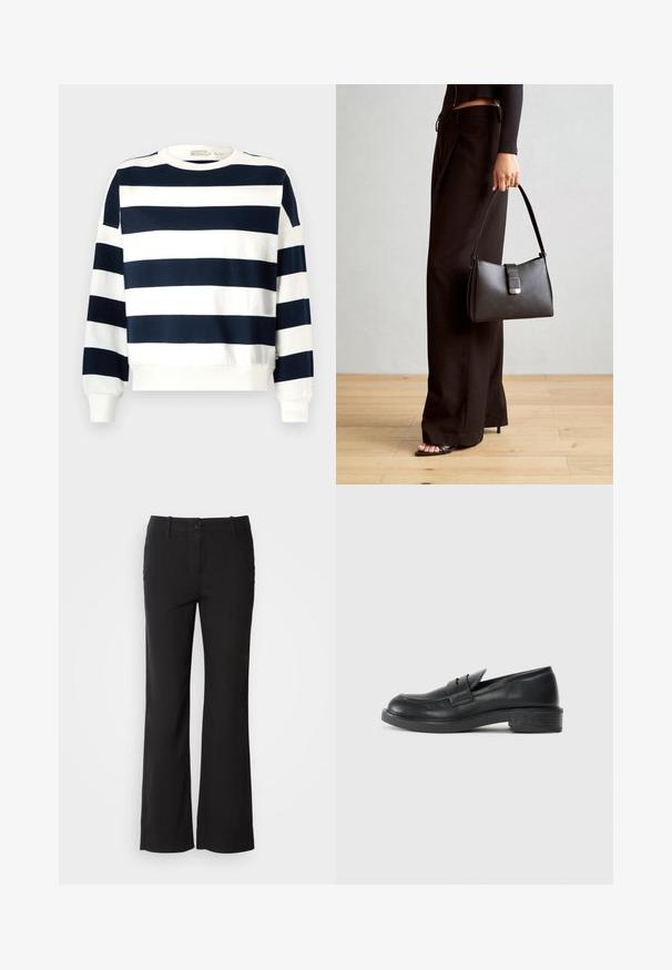 Jūrnieciski zils un balts svītrots džemperis ar apaļu kaklu, garām piedurknēm un ribotām starpām. Mīksts audums ar brīvas formas dizainu.; Melni kokvilnas auduma bikses ar taisnu kāju dizainu, priekšējo pogu aizdari un divām sānu kabatām. Gluda tekstūra, bez redzamām rakstu zīmēm.; Melni ādas mokasīni ar noapaļotu purngu, šuvju detalizāciju un nelielu papēdi. Gluda tekstūra un elastīga gumijas zole.; Melnā somiņa ar strukturētu formu, gludu tekstūru un metālu sprādzi. Saskaņota ar platām melnām biksēm un sandālēm ar atvērtu purngalu uz koka grīdas.