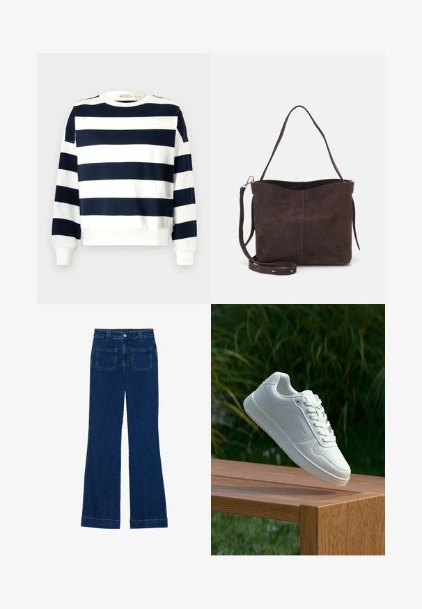 Svetrovka z mornarsko modrimi in belimi črtami z okroglim ovratnikom, dolgimi rokavi in rebrastimi manšeti. Mehka tkanina z ohlapnim krojem.; Temne modre trpežne flare kavbojke z gladko teksturo, petimi žepi in gumbom za zapiranje na pasu.; Bela teniska s gladkim sintetičnim zgornjim delom, perforiranim prednjim delom, ravnimi vezalkami in teksturiranim podplatom, prikazana na leseni površini.; Rjava gamoška torba z mehkobo teksturo, ki ima en samo ramenski trak in subtilno ukrivljen zgornji del. Brez vidnih kovinskih detajlov.