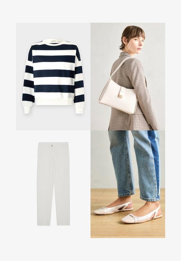 Felpa a righe navy e bianche con colletto rotondo, maniche lunghe e polsini a costine. Tessuto morbido con un design a vestibilità rilassata.; Pantaloni bianchi su misura con design a gamba dritta, dotati di chiusura a bottone, passanti per cintura e tasche laterali; tessuto morbido.; Ballerine slingback rosa pallido con punta affusolata, realizzate in un materiale simile alla pelle liscio. Presentano dettagli a taglio sui lati e un tacco piatto.; Borsa a mano in pelle bianca con un design strutturato, presente di un clasp magnetico e una tracolla, esposta su uno sfondo neutro.
