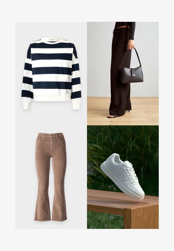 Námořnická a bílá pruhovaná mikina s kulatým výstřihem, dlouhými rukávy a žebrovanými manžetami. Měkká látka s uvolněným střihem.; Hnědé manšestrové kalhoty s rozšířenými nohavicemi s ribovanou texturou, vysokým pasem, pěti kapsami a předním zapínáním na knoflík.; Bílé tenisky s hladkým syntetickým svrškem, perforovanou špičkou, plochými tkaničkami a texturovanou podrážkou, vystavené na dřevěném povrchu.; Černá kabelka se strukturovaným tvarem, hladkým povrchem a kovovým uzávěrem. Kombinována s širokými černými kalhotami a sandály s otevřenou špičkou na dřevěné podlaze.