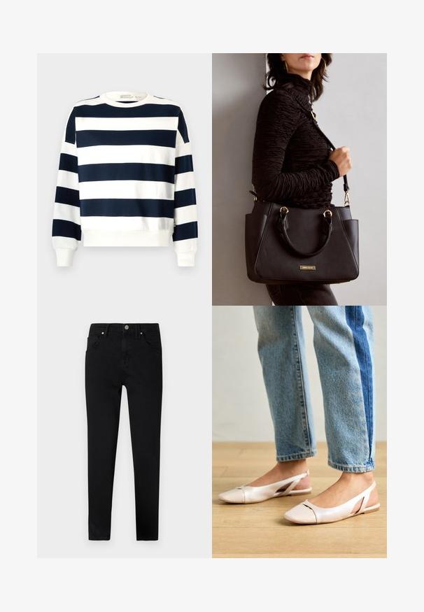 Granatowy i biały sweter w paski z okrągłym dekoltem, długimi rękawami i ściągaczami. Miękka tkanina o luźnym kroju.; Czarne jeansy o dopasowanym kroju, z zapięciem na guziki z przodu, szlufkami na pasek i klasycznym pięciopocketowym wzorem. Gładka tekstura.; Jasnoróżowe baleriny na odkrytej pięcie z wąskim noskiem, wykonane z gładkiego materiału imitującego skórę. Posiadają wycięcia po bokach oraz płaski obcas.; Czarna torebka z teksturowanej powierzchni, podwójnymi uchwytami na górze i regulowanym paskiem na ramię. Posiada złote okucia i boczne kieszenie.