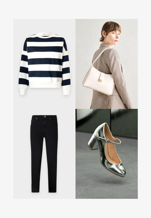 Svetrovka z mornarsko modrimi in belimi črtami z okroglim ovratnikom, dolgimi rokavi in rebrastimi manšeti. Mehka tkanina z ohlapnim krojem.; Črne jeans hlače z ožjim krojem, s sprednjim gumbom za zapiranje, zankami za pas in klasičnim oblikovanjem petih žepov. Gladka tekstura.; Metalne srebrne Mary Jane pete z zaobljenim prstom, trakicami okoli gležnja in blok peto, z gladko teksturo in svetlo rjavo notranjostjo.; Bela usnjena torba s strukturirano zasnovo, opremljena z magnetnim zapiranjem in naramnico, prikazana na nevtralni ozadju.