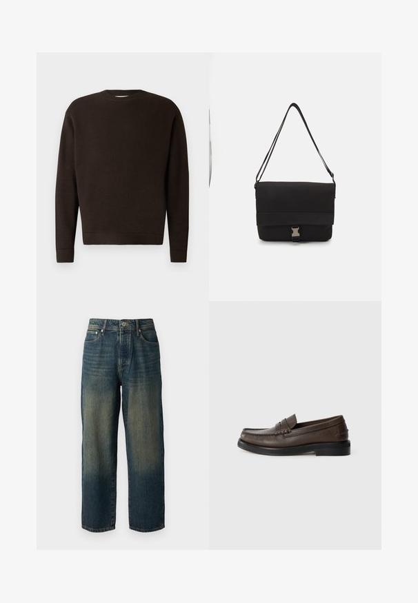 Tumepruun ümarkaelusega pehme, tekstuuriga kudum. Omab pikki varrukaid ja ääriseid ning alumist äärt ribatud lõikega. Minimalistlik disain ilma mustrite või aktsentideta.; Sinine denimpüksid sirge lõikega, millel on pleekinud disain heledama varjundiga alläärtes, viis taskut ja nööpidega sulgus.; Pruun nahast loafer, millel on varbaküljel õmblusega detail, lame tald ja madal virnastatud tald. Sile tekstuur ja minimalistlikud disainielemendid.; Mustmust kärjer, mis on valmistatud siledast materjalist, fold-over klapiga, hõbedaste kinnitustega ja reguleeritava õlarihmaga.