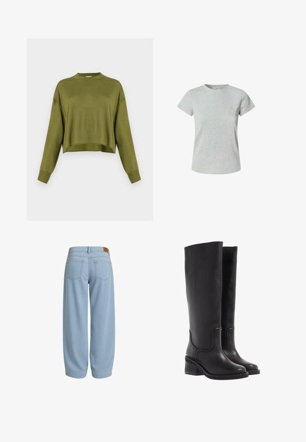 Olivengroen langharig cropped sweater met een hoge ronde hals en geribbelde manchetten tegen een witte achtergrond.; Grijze katoenen t-shirt met korte mouwen en een ronde halslijn. Gladde textuur, klassieke pasvorm en geen zichtbare patronen of versieringen.; Lichtblauwe denim broeken met een relaxed fit, voorzien van twee achterzakken, een tailleband met een bruine leren label en toelopende enkels.; Zwarte leren kniehoge laarzen met een soepele textuur, ronde neus en een chunkyer heel. Heeft subtiele stiksels en een gestroomlijnd ontwerp.