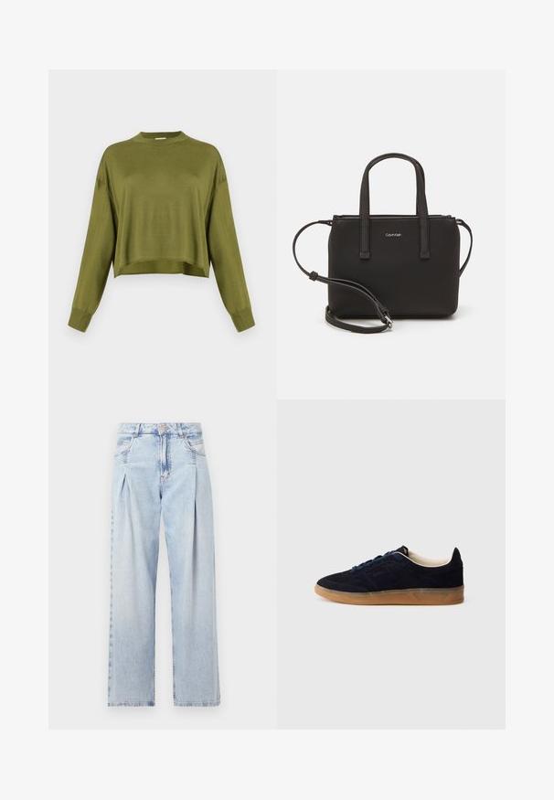 Olivnozeleni dolg rokav krojen pulover s visokim okrogličnim ovratnikom in rebrastimi manšetami na bež ozadju.; Svjetloplave traperice visoko struka, širokog kroja, s dva bočna djepa i naboranim dizajnom. Mekana tekstura s izblijedjelim završetkom.; Temno modni semiš športni copat z gumijastim podplatom, modrimi vezalkami in minimalističnim dizajnom. Na strani je vrezan logotip in notranjost je gladka.; Črna torbica z dvema kratkima ročajema in odstranljivim naramnim trakom. Gladek usnju podoben material z zadrgo in podrobnostmi z logotipom.