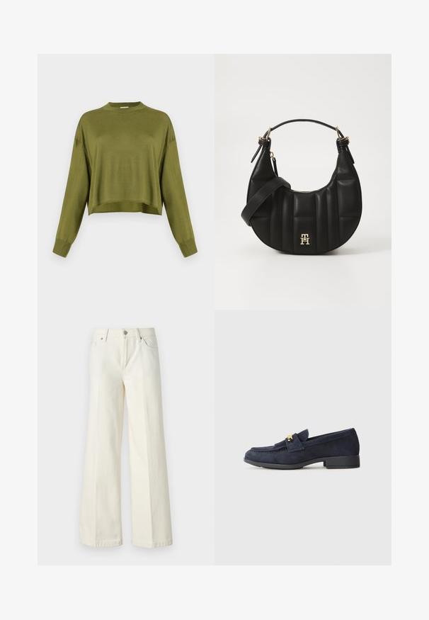 Olivgrön långärmad cropped tröja med hög rundhals och ribbade ärmslut mot en vit bakgrund.; Vida vida vita vita vida vita vida vita vita vida vita vitala vita.; Marina mockasiner i mocka med låg svart klack, prydda med en dekorativ detalj i guld framtill och en rundad tådesign.; Svart läderhandväska med en böjd form, vadderad textur och guldfärgade detaljer. Har en avtagbar axelrem och logotypdetalj.