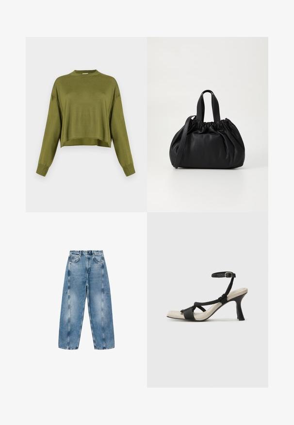Pulover scurt cu mânecă lungă de culoare verde măslin, cu guler înalt și manșete plisate, pe un fundal alb.; Jeans din denim albastru deschis au un croi lejer, buzunare mari și cusături contrastante. Materialul are un finisaj decolorat, cu o textură netedă.; Sandal cu toc negru, cu design de curea împletită, vârf pătrat și curea de gleznă ajustabilă. Tălpică de un bej deschis și toc negru lucios.; Geantă de mână din piele neagră cu un design cu partea superioară plisată, având două mânere scurte și o curea lungă ajustabilă. Textură netedă, formă rotunjită.