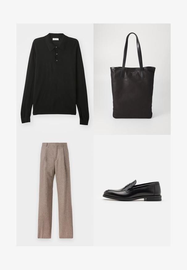 Camisa polo de manga longa preta com três botões e colarinho, feita de um tecido de malha suave.; Calças castanhas de cintura alta feitas de tecido texturado. Apresentam pernas largas e duas pregas frontais para estrutura. Acabamento cuidadoso sem hardware visível.; Mocassins de couro preto com uma textura suave, bico arredondado e uma faixa decorativa sobre o peito do pé. Salto baixo e empilhado, design minimalista.; Saco de lona preto com alças de couro pretas. Design simples, corpo espaçoso e textura suave. Sem logótipos ou padrões visíveis.