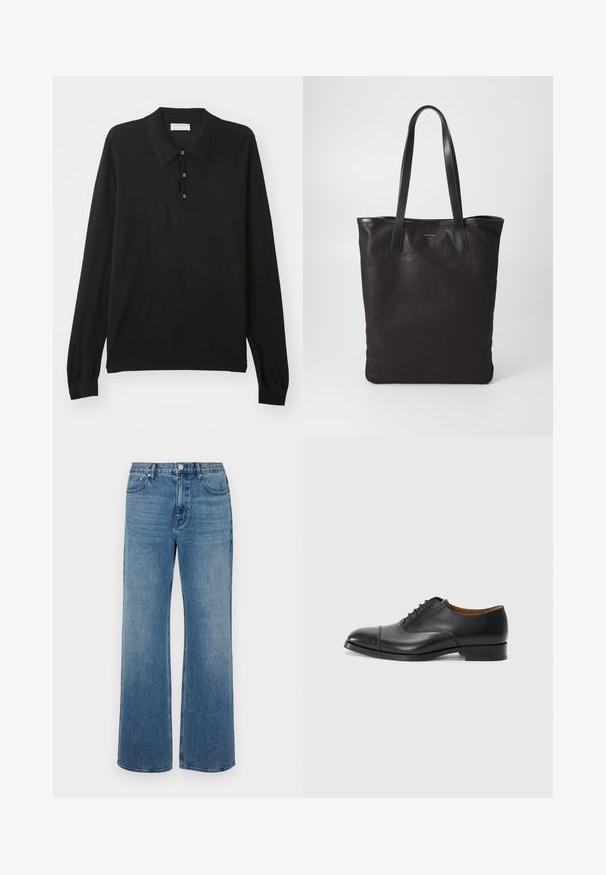 Czarna koszulka polo z długim rękawem, z trzema guzikami i kołnierzykiem, wykonana z miękkiej dzianiny.; Szerokie niebieskie dżinsy wykonane z denimu o wyblakłym wykończeniu. Posiadają pięć kieszeni, zapięcie na guzik z przodu oraz prosty krój.; Czarne skórzane buty wizytowe o gładkim wykończeniu, zaokrąglonym nosku, pięcioma oczkami na sznurówki oraz niskim, blokowym obcasie. Minimalistyczny design z subtelnymi przeszyciami.; Czarna torba na ramię z czarnymi skórzanymi uchwytami. Prosty design, pojemne wnętrze i gładka faktura. Bez widocznych logo ani wzorów.