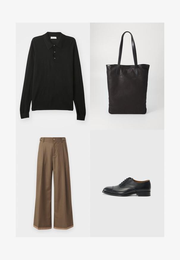 Polo shirt negru cu mânecă lungă, cu trei butoane și guler, realizat dintr-un material moale lănțuit.; Pantaloni largi dintr- о țesătură maro închis, prevăzuți cu două buzunare laterale, două butoane decorative în față și un detaliu de tiv în contrast.; Pantof de piele neagră, cu un finisaj neted, vârful rotunjit, cinci găuri pentru sireturi și toc mic pătrat. Design minimalist cu cusături subtile.; Geantă de umăr din pânză neagră cu mânere din piele neagră. Design simplu, corp spațios și textură netedă. Fără logo-uri sau modele vizibile.