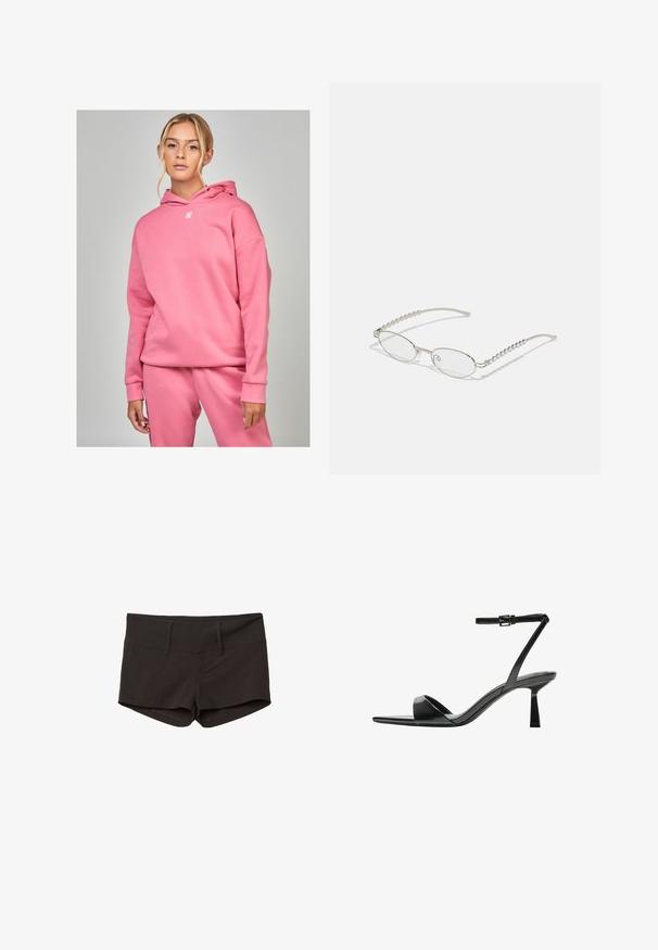 SIKSILK ESSENTIAL OVERHEAD - Huppari - pink; Mustat puuvillahousut, joissa on tiukka malli, sileä pinta ja kaksi etutaskua. Keskikorkea vyötärö ja ei havaittavia kuvioita.; Bershka Korolliset sandaalit - black; Silmät ovalit metalliväriset hopeakehyksiset, kirkkailla linsseillä ja tekstuurilla varustetuilla helmille. Kevyt muotoilu kaarevilla varsilla.