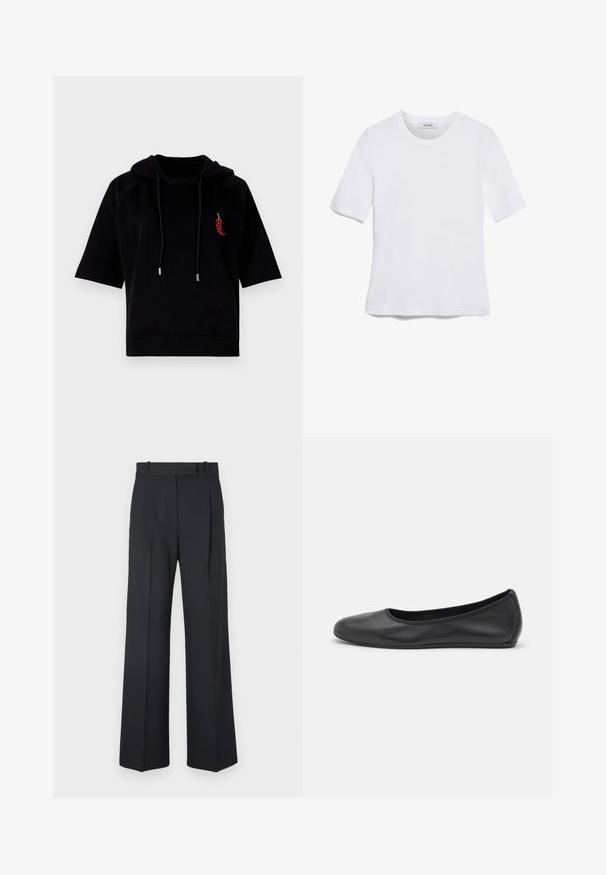 Sudadera corta negra de manga corta hecha de un tejido suave, que cuenta con un bolsillo frontal y un bordado decorativo en forma de pimiento rojo en el pecho.; Camiseta de manga corta blanca hecha de tela de canalé. Cuello redondo, corte regular y detalles de costura sutiles. Sin patrones ni gráficos.; Pantalones oscuros de rayas con un diseño de cintura alta y pierna ancha, sin hardware o adornos visibles. Textura suave y ajuste entallado.; Bailarina de piel negra con punta redondeada, textura suave, detalle de costura minimalista y diseño de suela flexible.