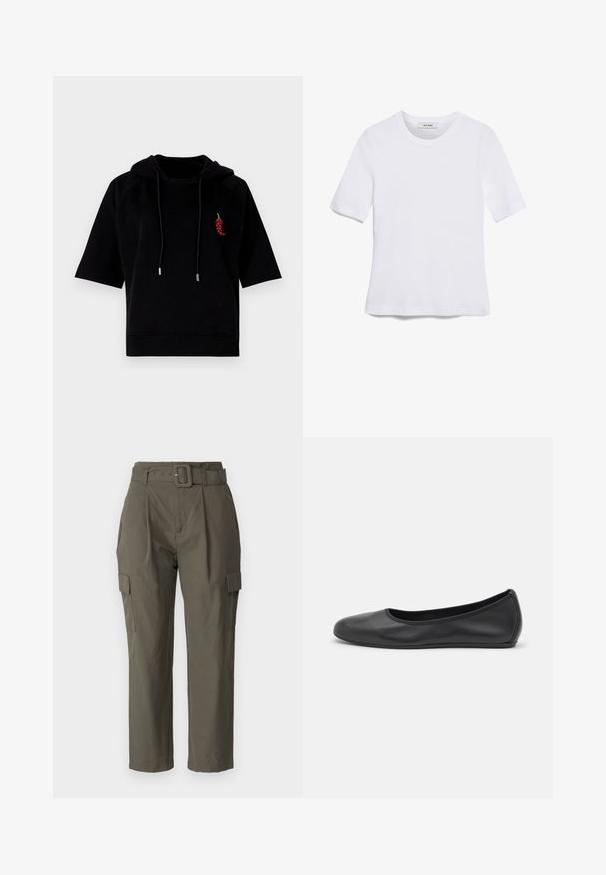 Svart kortärmad hoodie i mjukt tyg, med en framficka och en dekorativ broderad röd chilipeppar på bröstet.; Vit kortärmad t-shirt i ribbat tyg. Rund halsringning, normal passform och diskreta sömdetaljer. Inga mönster eller tryck.; Cargo byxor i olivgrön, tillverkade av lättviktsmaterial. Funktioner inkluderar midja med bälte, framveck och sidofickor med klaffstängning.; Svart läderballerinaskor med rund tå, slät yta, minimala söm detaljer och en flexibel sula.