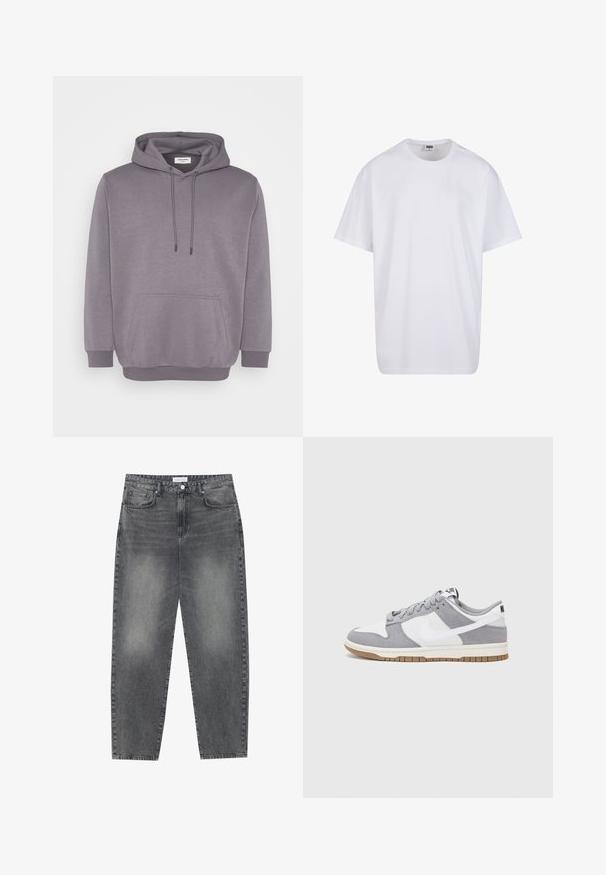Grauer Kapuzenpullover mit Kordelzugkapuze, vorderer Tasche, gerippten Bündchen und Saum. Hergestellt aus einem weichen Baumwollmischgewebe mit glatter Textur.; Weiße Baumwoll-T-Shirt mit kurzen Ärmeln, rundem Ausschnitt, lockerer Passform und ohne sichtbare Logos oder Muster. Glatte Textur und minimalistisches Design.; Hoch taillierte, locker sitzende Jeans aus verwaschenem schwarzem Denim. Verfügt über fünf Taschen, Gürtelschlaufen und ein sauberes, gerades Bein-Design.; Graue und weiße Sneaker mit einem Obermaterial aus Wildleder und Leder, abgerundeter Spitze, flachen Schnürsenkeln und einer Gummisohle mit einem Kautschukakzent.