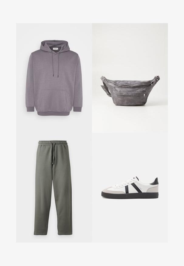 Grauer Kapuzenpullover mit Kordelzugkapuze, vorderer Tasche, gerippten Bündchen und Saum. Hergestellt aus einem weichen Baumwollmischgewebe mit glatter Textur.; Graue Jogginghosen aus weichem Stoff mit elastischem Bund und Kordelzug; sie haben einen geraden Beinausschnitt und minimale Nähte.; Weiße Sneaker mit schwarz- und grau-aczenten, ausgestattet mit einer strukturierten grauen Zehenkappe, schwarzer Gummi-Sohle und flachen weißen Schnürsenkeln. Sauberes Design, minimalistische Stil.; Graue Wildleder-Gürteltasche mit runder Form, zwei mit Reißverschluss verschlossenen Fächern und verstellbarem Trageriemen. Mit metallischen Hardware-Akzenten.