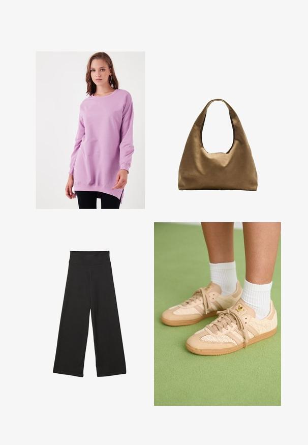 Fialová mikina, dlouhé rukávy, kulatý výstřih, z měkké tkaniny. Má boční rozparky na lemu pro snadný pohyb a uvolněný střih.; Černé široké kalhoty s vysokým elastickým pasem, měkkou tkaninou a volným střihem, vhodné pro neformální nošení nebo relaxované prostředí.; Nohy v béžových pletených teniskách Adidas s gumovými podrážkami a bílými kotníkovými ponožkami na zelené texturované podlaze.; Hnědá textilní taška přes rameno s širokým, zaobleným tvarem a velkým výřezem na rukojeť. Měkká textura, minimalistický design a žádné viditelné kovové prvky.