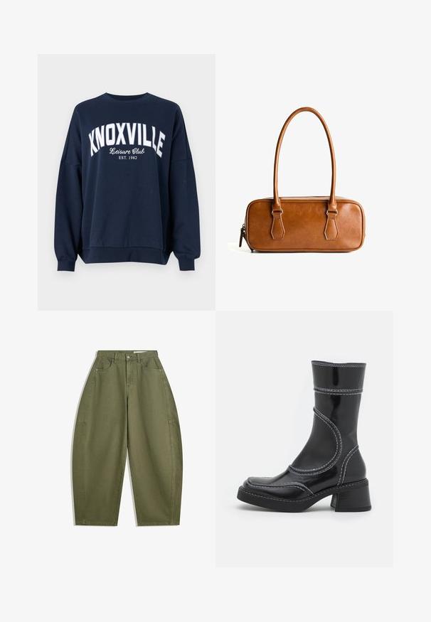 Sötétkék kapucnis pulóver fehér felirattal: "KNOXVILLE Leisure Club EST. 1982." Kerek nyakú, laza szabású, bordás mandzsettákkal.; Olívazöld, bő szárú pamutnadrág, magas derékkal, elülső zsebekkel és sima textúrával. Nincsenek díszítések vagy minták.; Fekete lakkbőr bokacsizma fehér varrással, kerek orral és blokk sarkal. Görbült formai vonalakkal és sima textúrával rendelkezik.; Barna bőr kézitáska, két hosszú fogantyúval, téglalap alakú, sima textúrájú, cipzáras záródással és ezüstszínű fém részletekkel.