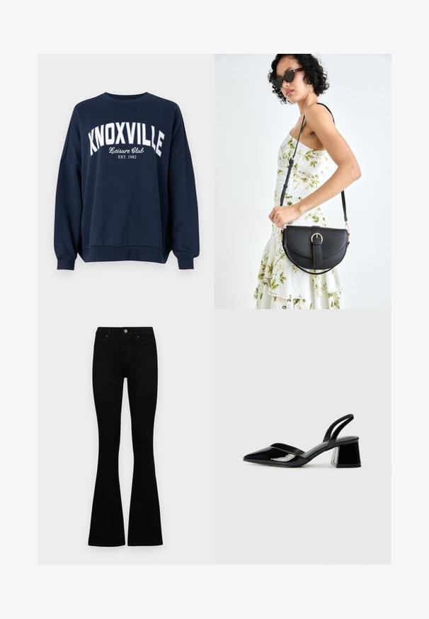 Sudadera azul marino con texto blanco que dice "KNOXVILLE Leisure Club EST. 1982." Presenta un cuello redondo y puños sueltos con ribetes.; Jeans negros de cintura alta con cierre de botón y cremallera, bolsillos frontales y piernas acampanadas, dispuestos sobre un fondo blanco.; Zapatos de tacón slingback de charol negro con punta afilada y tacón geométrico en bloque. Presentan un diseño elegante y minimalista, así como una textura suave.; Bolso de piel negra con forma curva, correa desmontable y herrajes dorados. El bolso cuenta con una solapa con un detalle de hebilla.
