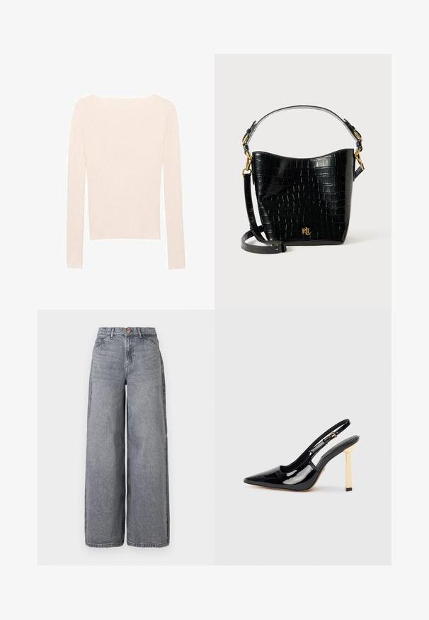 Mango Pulover - off-white; Jeans din denim cu picioare largi, într-o nuanță de gri estompat, având cinci buzunare, închidere cu buton și o textură moale cu detalii subtile de uzare.; Pantofii cu toc înalt din piele patentă neagră, cu vârful ascuțit și accent de toc pătrat în tonuri de aur. Include curea ajustabilă pentru gleznă.; Geantă din piele cu embossare croc neagră, cu o formă curbată, accente din metal aurit, curea ajustabilă și un detaliu cu logo în față.