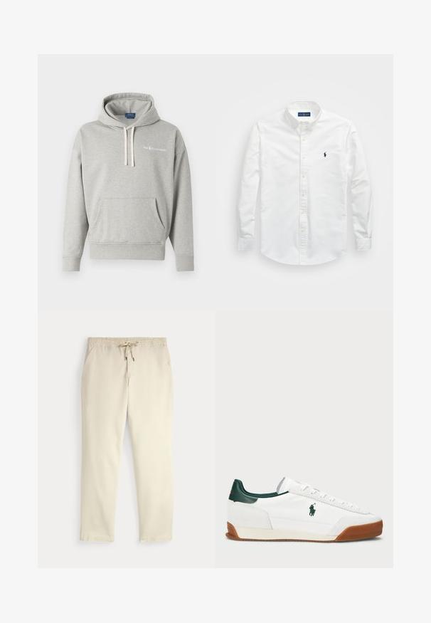 Lys grå hettegenser laget av mykt stoff, med en praktisk frontlomme, snorregulering og en hvit logo på brystet. Klassisk, avslappet passform.; Hvit skjorte med knapper laget av bomull. Har spiss krage, lange ermer og en liten marineblå logo på brystet. Glatt tekstur.; Off-white kosebukser med elastisk midje og snor, rette ben og sidelommer mot en ensfarget bakgrunn.; Hvite sneakers med grønne lærdetaljer og en tan gummisåle. Har en stoffoverdel og en fremtredende logo på siden. Snøring.