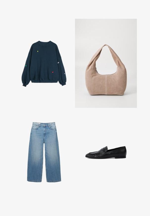 Námořnická mikina s volnými rukávy a malými barevnými výšivkami symbolů hracích karet na přední straně a rukávech.; Světle modré džíny s širokými nohavicemi vyrobené z denimu, s klasickým pětispotkovým designem a zapínáním na knoflík. Vybledlý vzhled po celém povrchu.; Černé kožené polobotky s kulatou špičkou, prošívanými detaily na přední části a plochou podrážkou. Minimalistický design s jemným akcentem loga.; Hobo taška vyrobená z měkkého semišového materiálu v světle béžové barvě. Má zaoblený tvar, široký popruh a zipové uzavření.