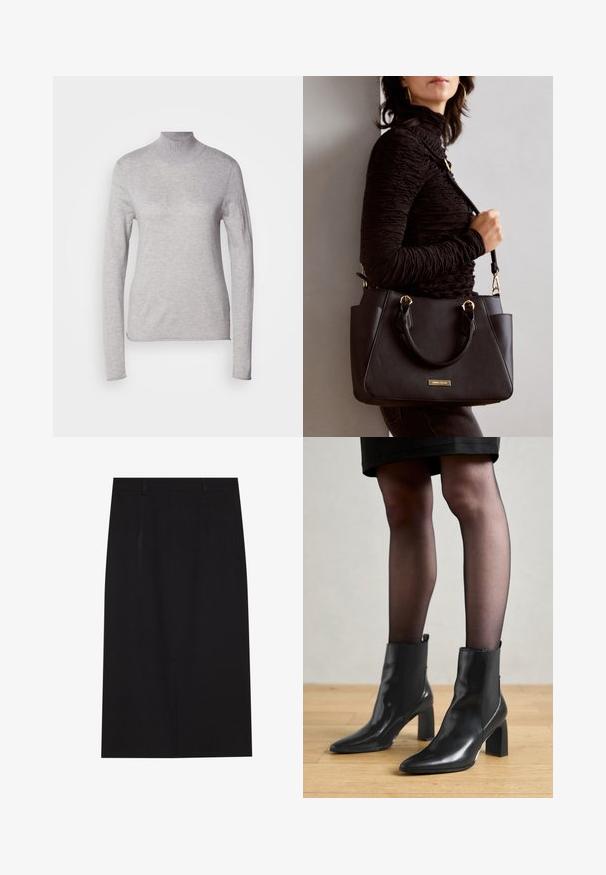 Šviesiai pilkas golfas su ilgomis rankovėmis, pagamintas iš minkšto trikotažo. Turi prigludusią siluetą ir raukšlėtą apykaklę. Kaspinys yra lygus.; Juodas iki kelių pieštuko sijonas, pagamintas iš lygios medžiagos. Turi švarų dizainą su dviem priekinėmis siūlėmis ir paslėptu užtrauktuku gale.; Juodos odinės aulinės botai su smailiu priekiniu galiuku, masyviu kvadratiniu kulnu ir elegantišku dizainu. Yra elastingos šoninės detalės, kad būtų lengva užsidėti.; Juodas rankinės maišelis su struktūrizuota paviršiumi, dvigubais viršutiniais rankenėlėmis ir reguliuojamu peties diržu. Įrengtas aukso spalvos furnitūra ir šoninės kišenės.