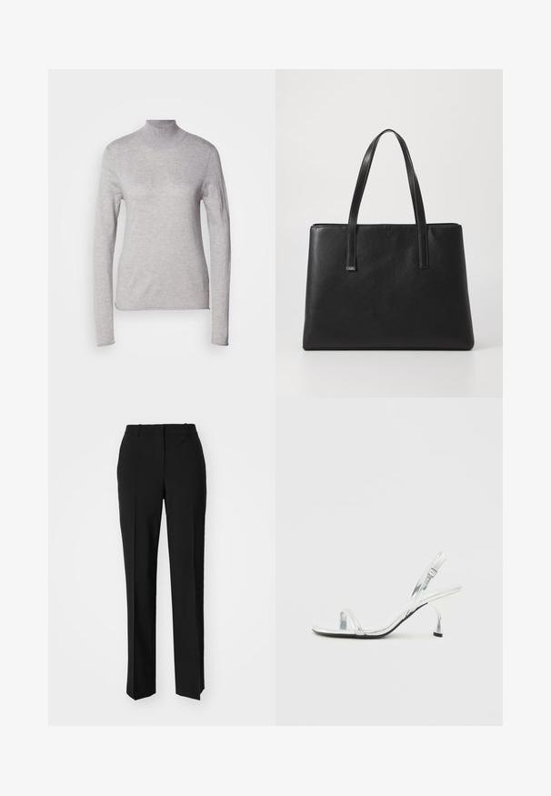 Sweater de gola alta em cinza claro com mangas longas, feito de um material de malha suave. Apresenta um design ajustado e um colarinho canelado. Textura suave.; Calças pretas de corte ajustado com um design de perna reta, apresentando uma textura lisa e pregas bem definidas na frente. Sem hardware visível.; Sandal de salto alto em verniz prata, com tira estreita na ponta do pé, fivela ajustável e um salto delgado.; Mala tote de couro preto com duas alças longas, forma retangular, superfície texturizada e design minimalista. Sem hardware ou acentos visíveis.