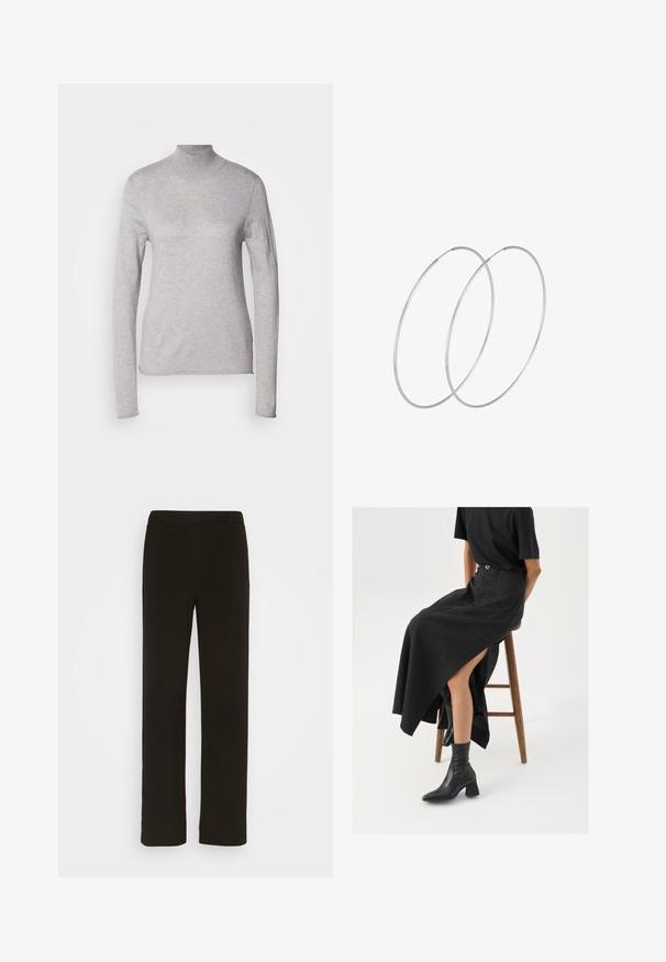 Helehall pusa pikkade varrukatega, valmistatud pehmest kudumist. Omab slim fit disaini ja pitsitud kraed. Sile tekstuur.; Mustad, sirged jalad, mis on valmistatud kootud kangast, millel on lame esiosa, kaks külgtaskut ja sile tekstuur. Ilma nähtavate mustrite või aktsentideta.; Must mustriga mustri, kõrge lõhiku ja musta T-särgiga, koos mustade ankle kingadega. Minimalistlik disain, lõtv istuvus.; Hõbedased rõngastikkaehingad minimalistlikus disainis. Ümar kuju, sile tekstuur ja õhuke profiil. Kerged ning poleeritud viimistlusega.